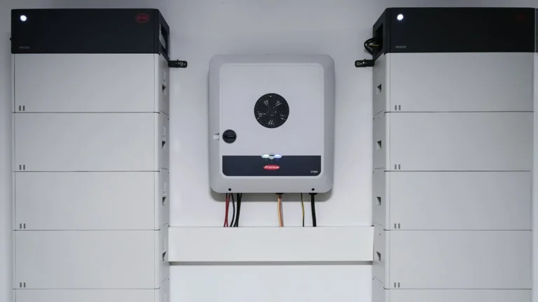 Stromspeicher mit an der Wand befestigtem Wechselrichter.